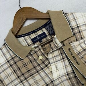 Vintage Payne Stewart Polo Shirt Mens Medium Tan Plaid Knit Golf Spellout 90s